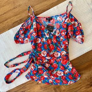 Topshop Floral Wrap Top Cold Shoulder